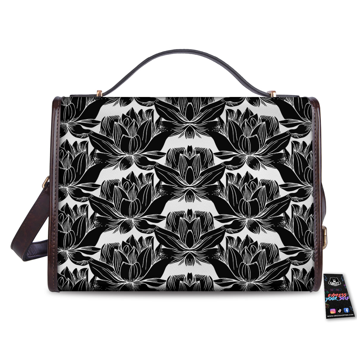 Lotus White And Black Print Pattern Women's Satchel Bag