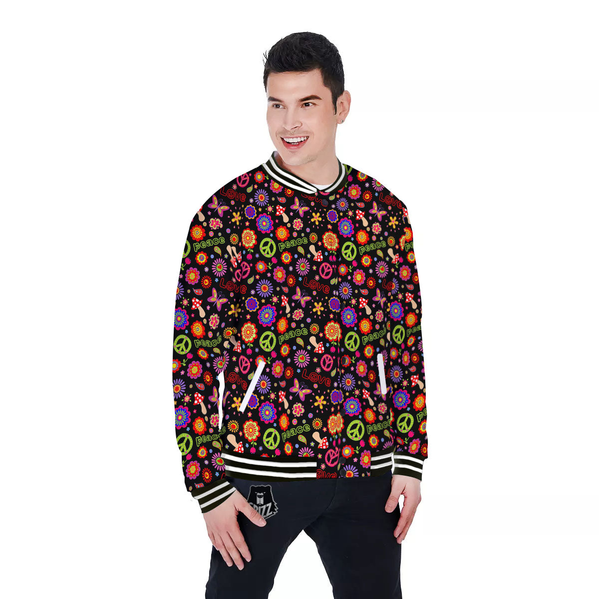 Love And Hippie Peace Sign Print Pattern Baseball Jacket-grizzshop