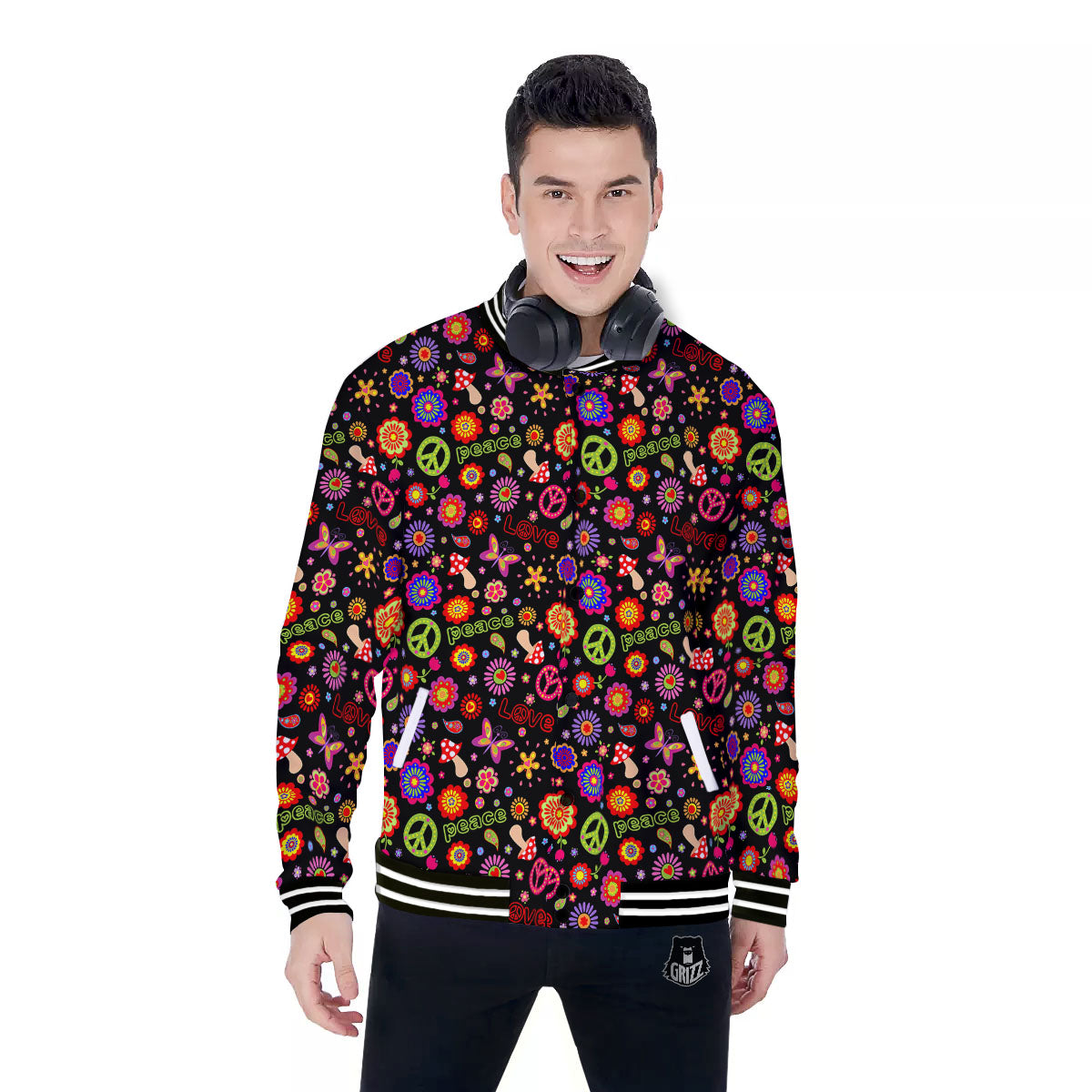 Love And Hippie Peace Sign Print Pattern Baseball Jacket-grizzshop
