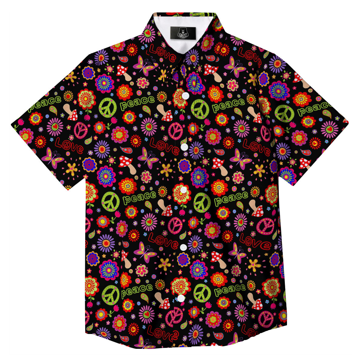 Love And Hippie Peace Sign Print Pattern Button Up Shirt-grizzshop