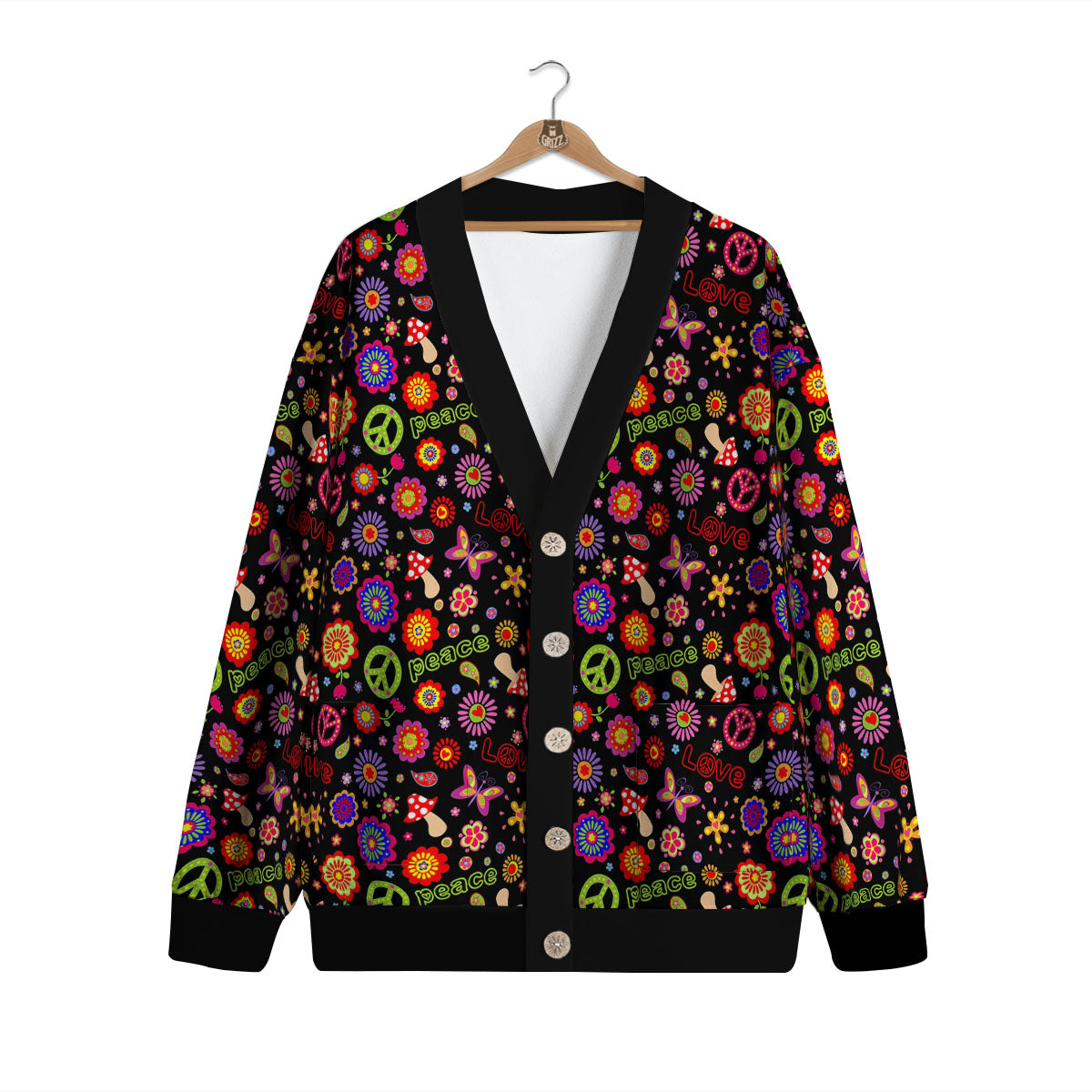 Love And Hippie Peace Sign Print Pattern Cardigan-grizzshop