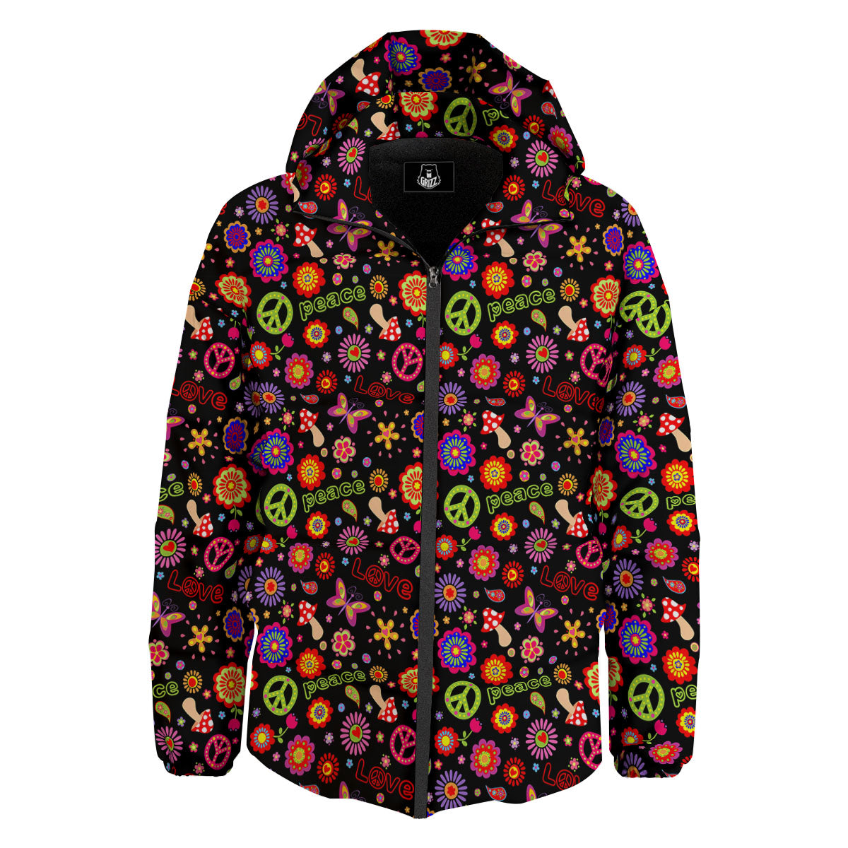 Love And Hippie Peace Sign Print Pattern Down Jacket-grizzshop