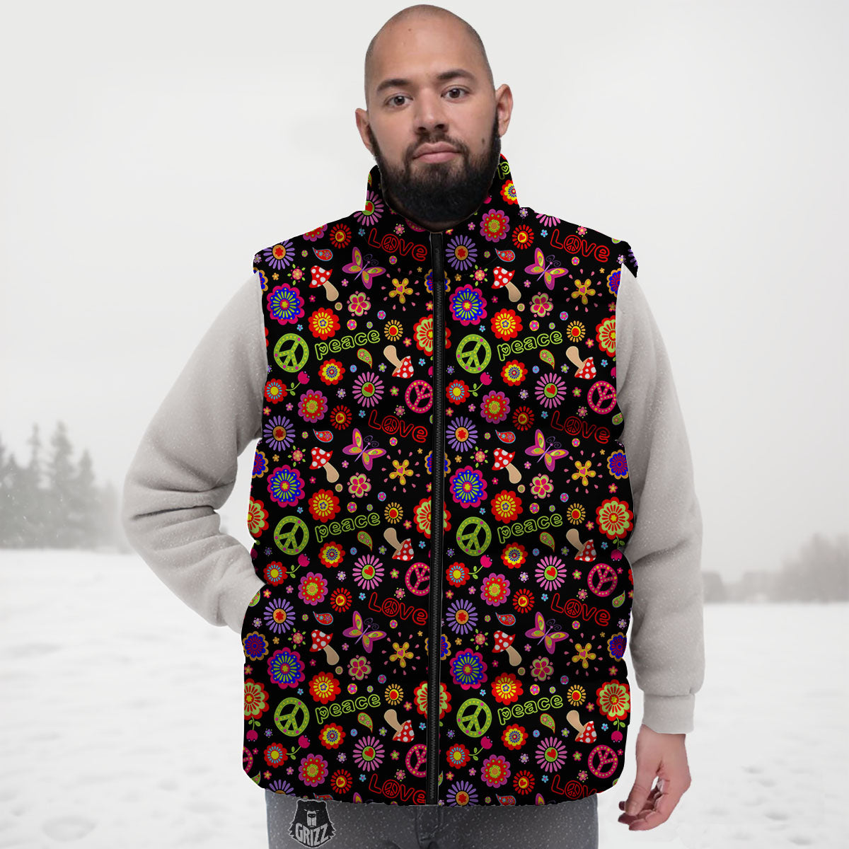 Love And Hippie Peace Sign Print Pattern Down Vest