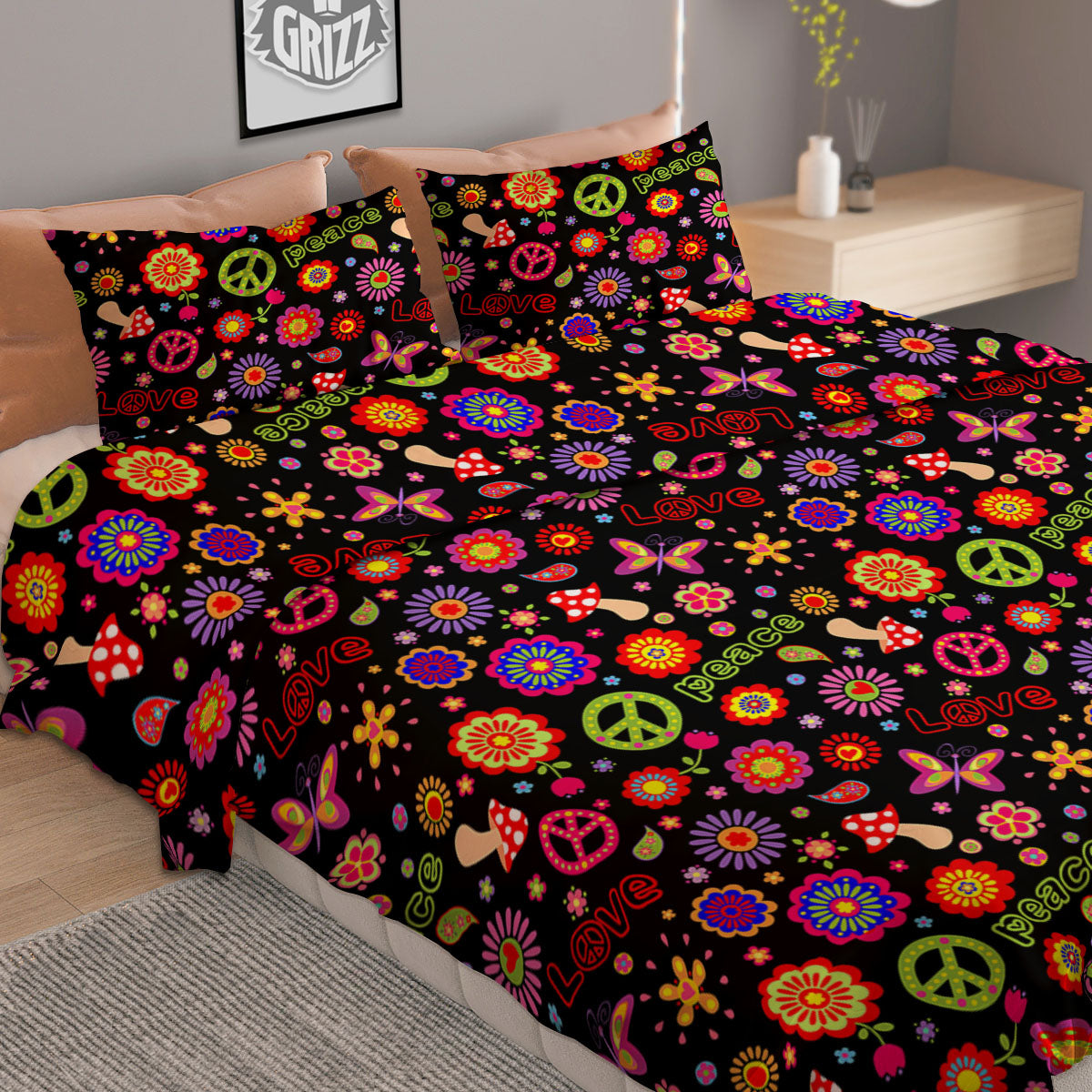Love And Hippie Peace Sign Print Pattern Duvet Cover Bedding Set