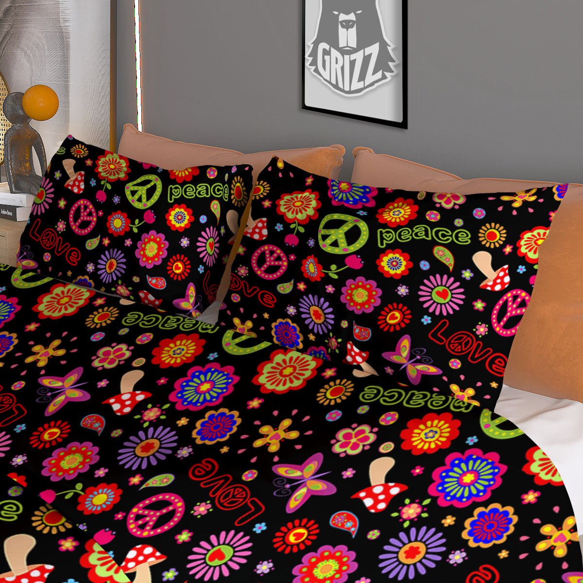 Love And Hippie Peace Sign Print Pattern Duvet Cover Bedding Set