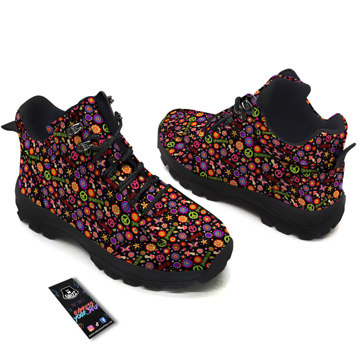 Love And Hippie Peace Sign Print Pattern Hiking Shoes-grizzshop