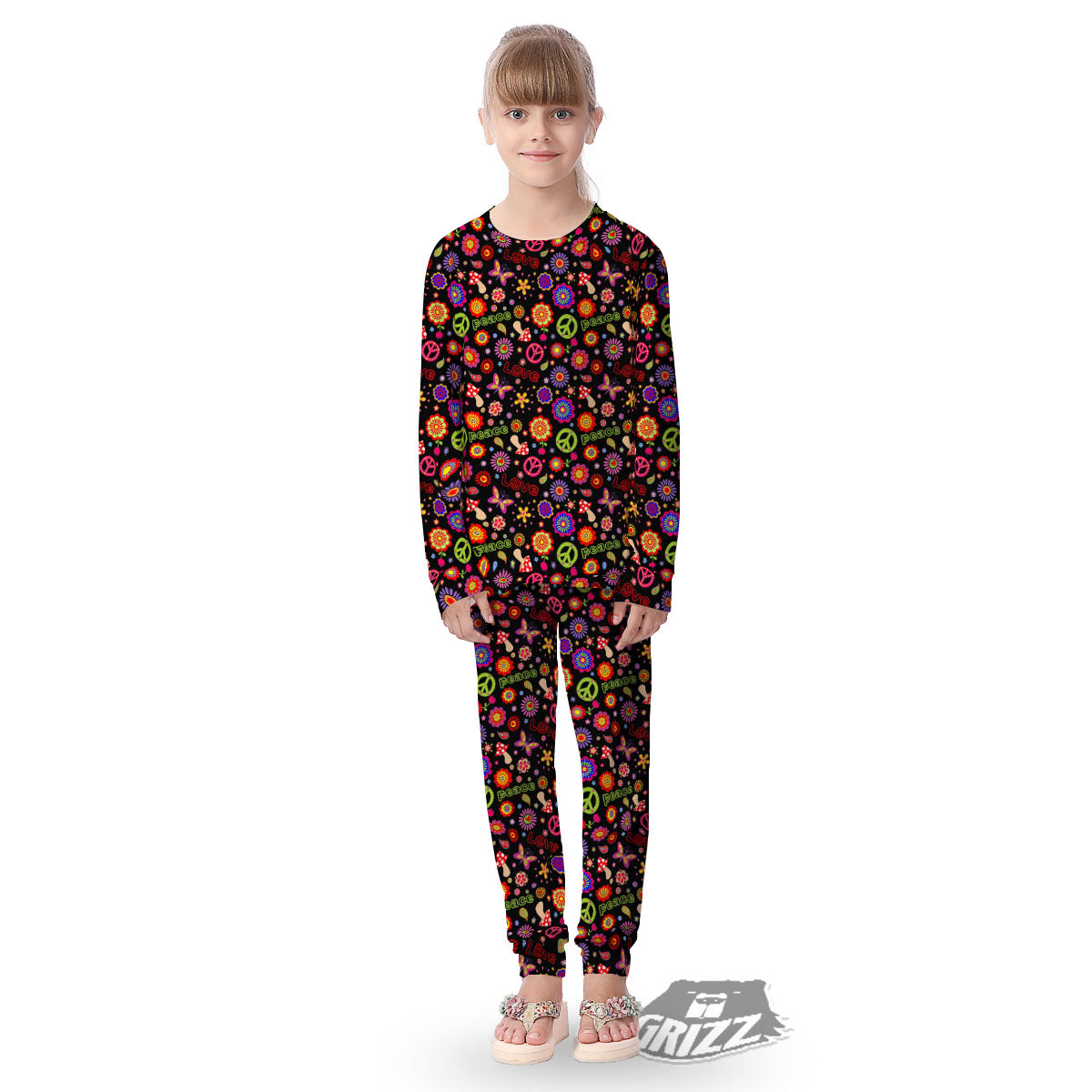 Love And Hippie Peace Sign Print Pattern Kid's Pajamas-grizzshop