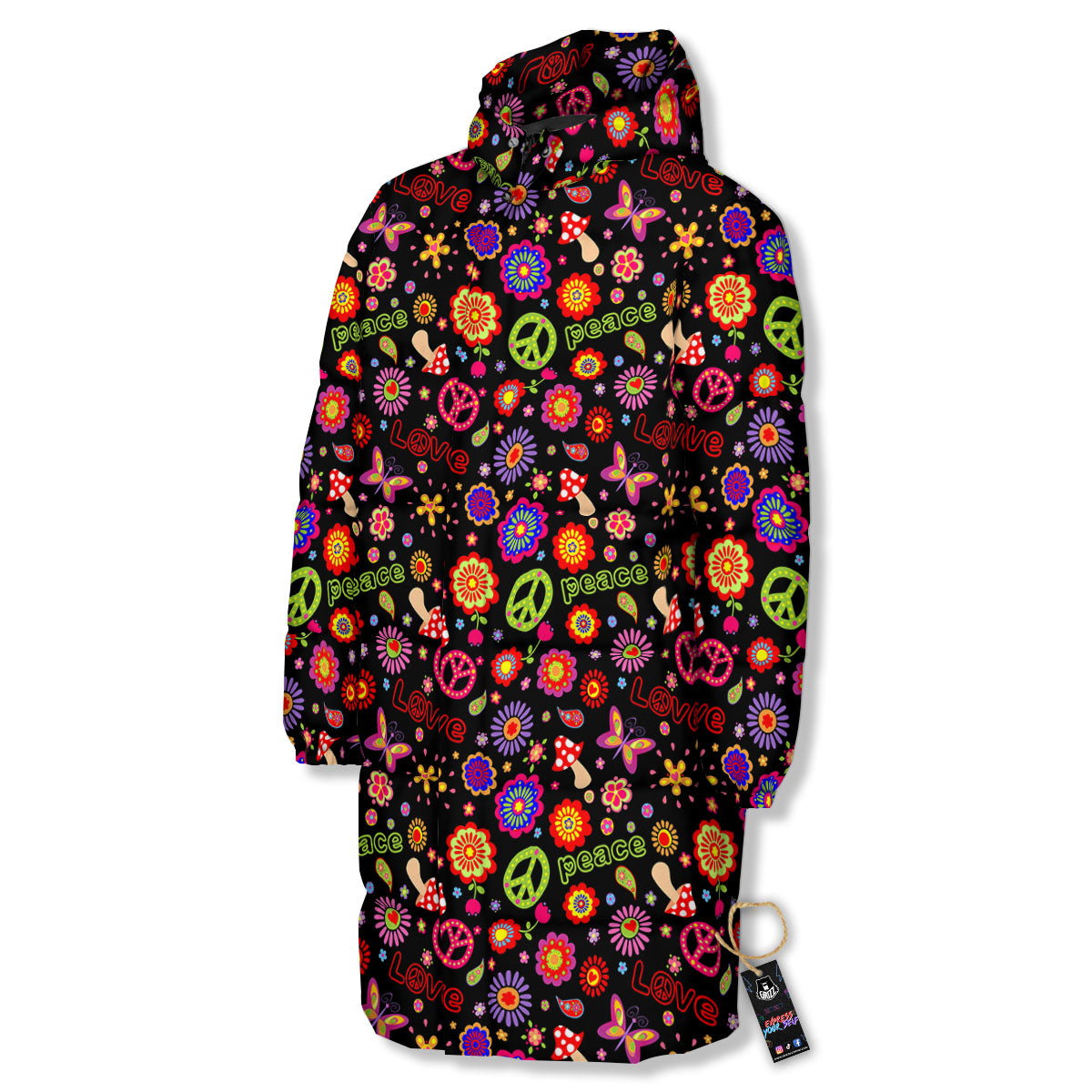 Love And Hippie Peace Sign Print Pattern Long Down Jacket-grizzshop