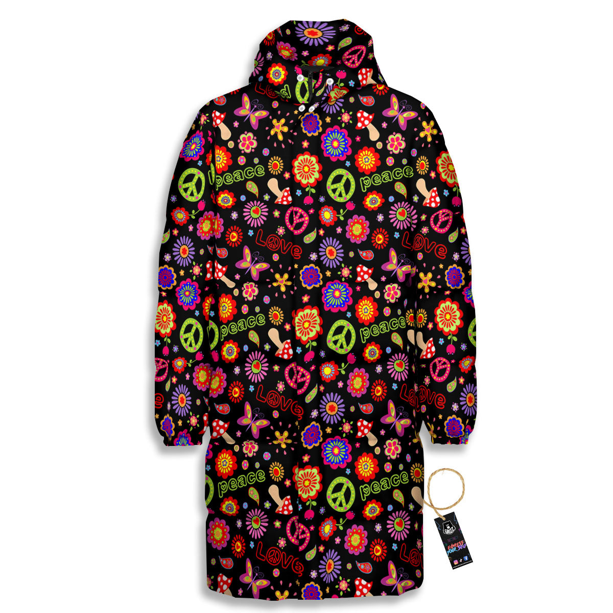 Love And Hippie Peace Sign Print Pattern Long Down Jacket-grizzshop