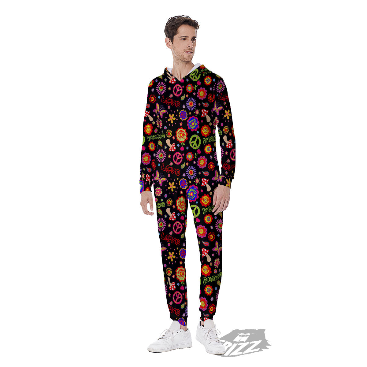 Love And Hippie Peace Sign Print Pattern Men's Jumpsuit-grizzshop