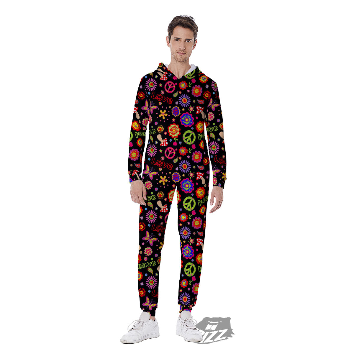 Love And Hippie Peace Sign Print Pattern Men's Jumpsuit-grizzshop