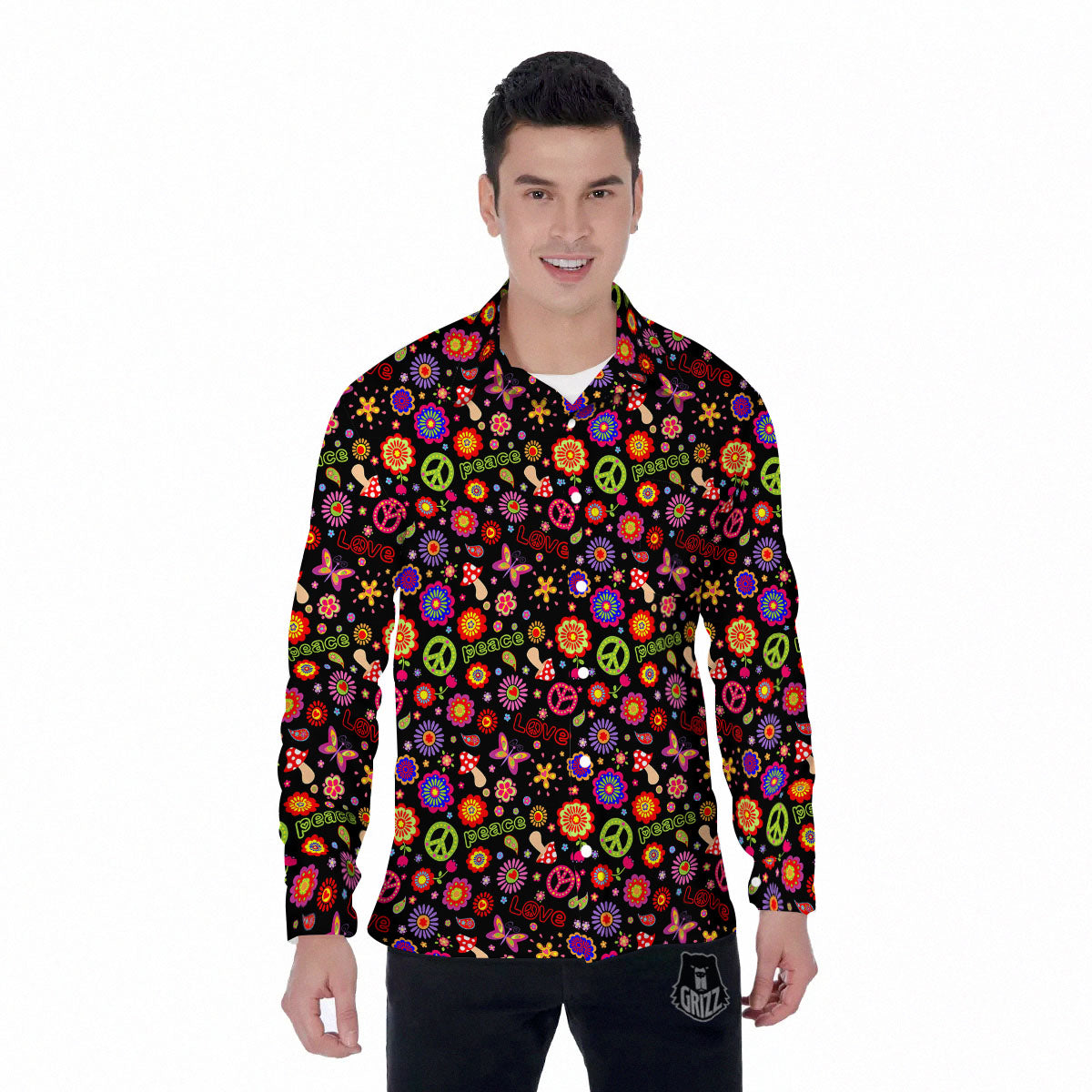 Love And Hippie Peace Sign Print Pattern Men's Long Sleeve Shirts-grizzshop