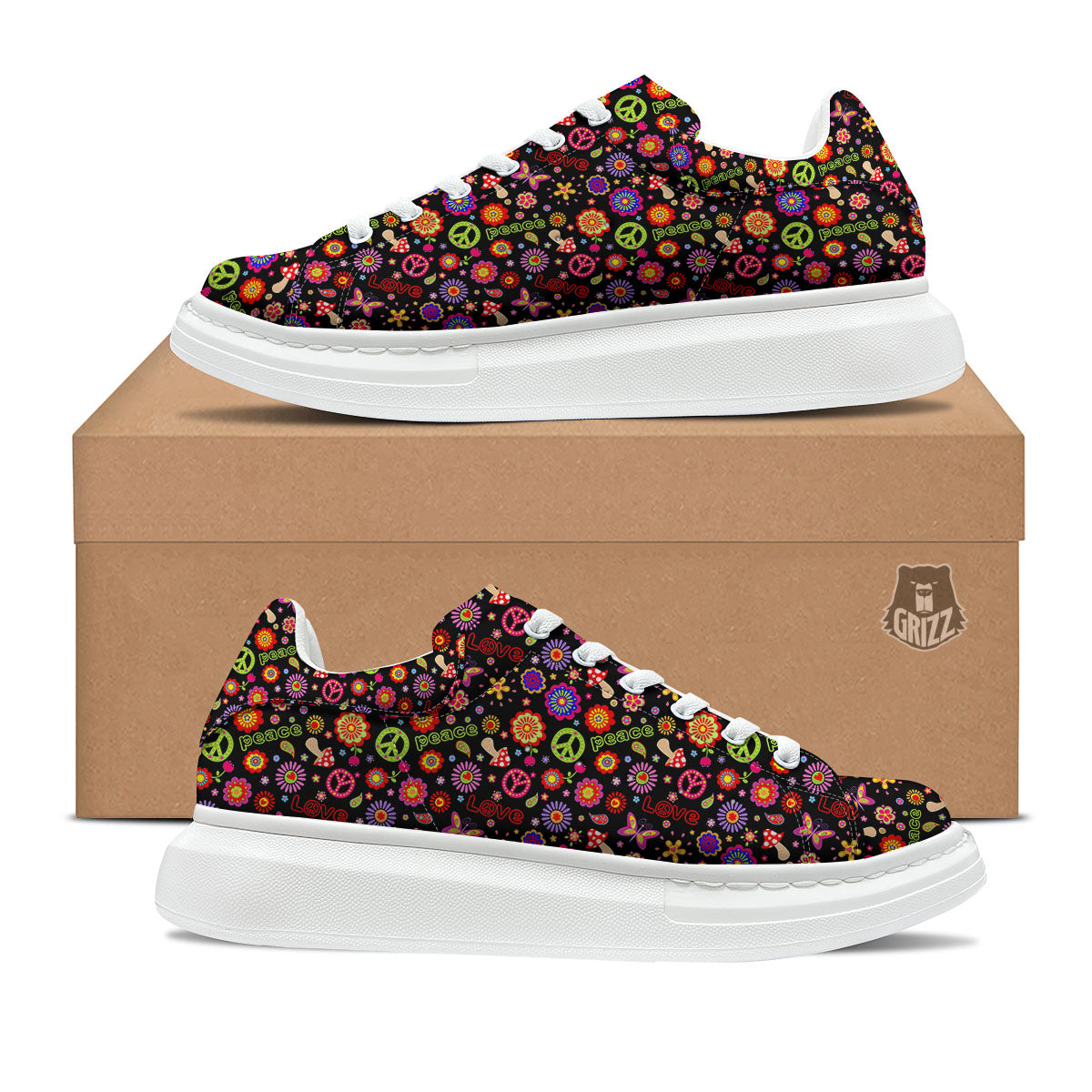 Love And Hippie Peace Sign Print Pattern Platform Shoes-grizzshop