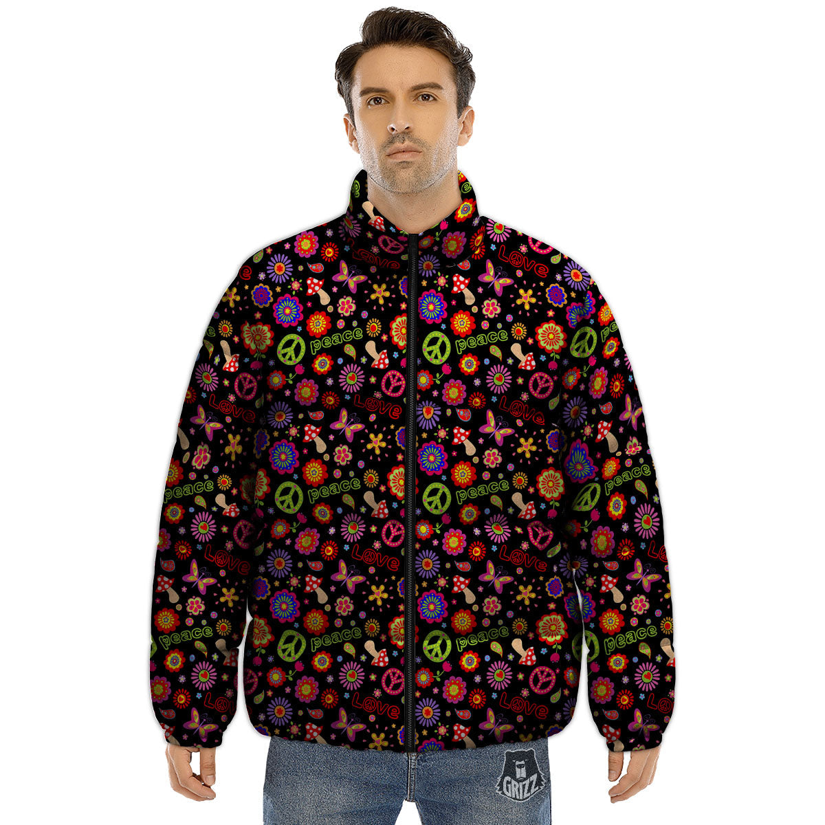 Love And Hippie Peace Sign Print Pattern Puffer Jacket-grizzshop
