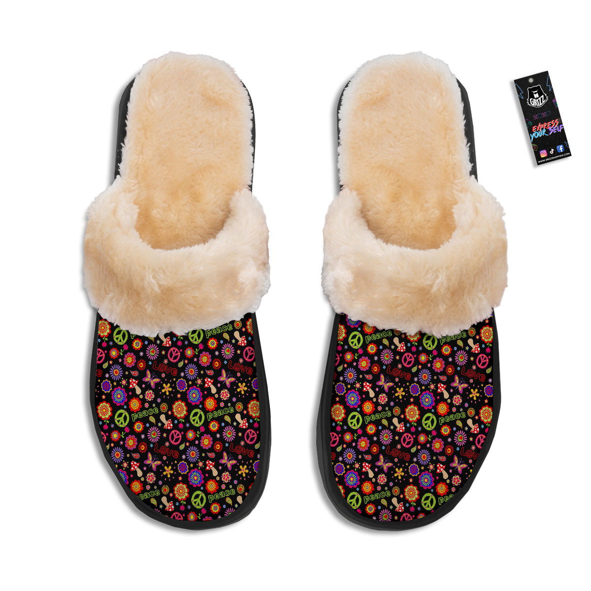 Love And Hippie Peace Sign Print Pattern Slippers-grizzshop