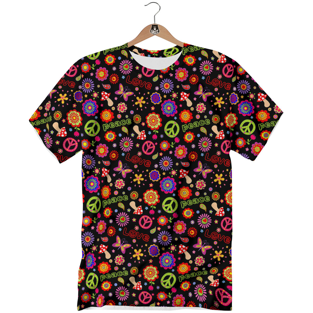 Love And Hippie Peace Sign Print Pattern T-Shirt-grizzshop