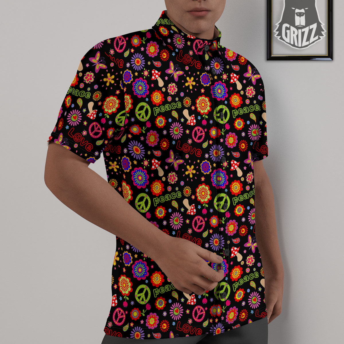 Love And Hippie Peace Sign Print Pattern Untucked Shirts-grizzshop