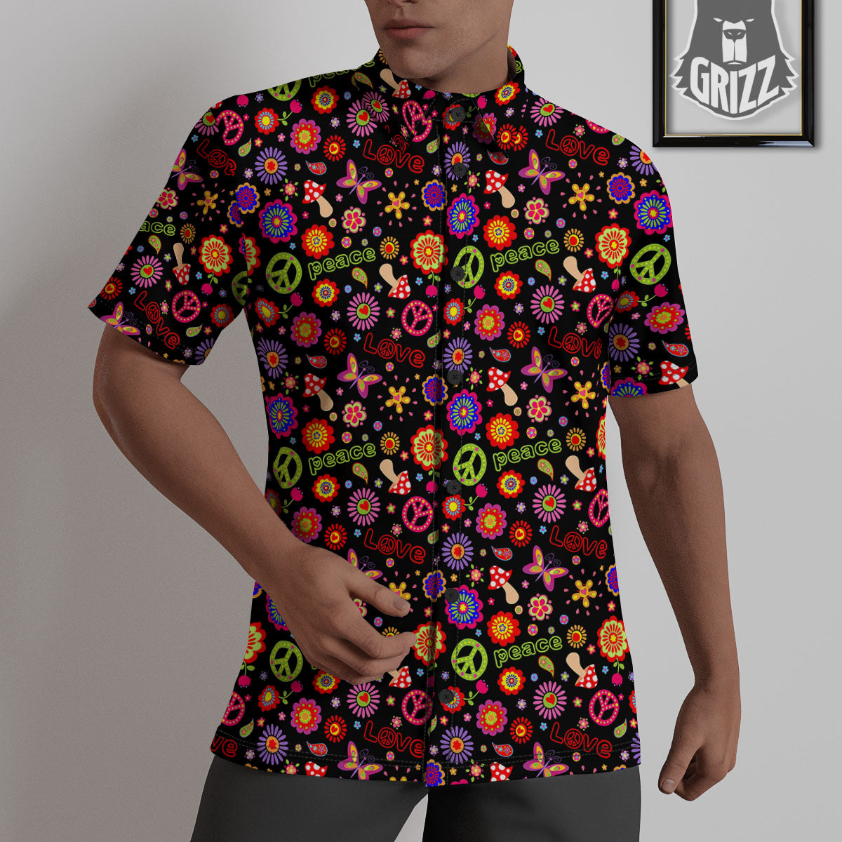 Love And Hippie Peace Sign Print Pattern Untucked Shirts-grizzshop