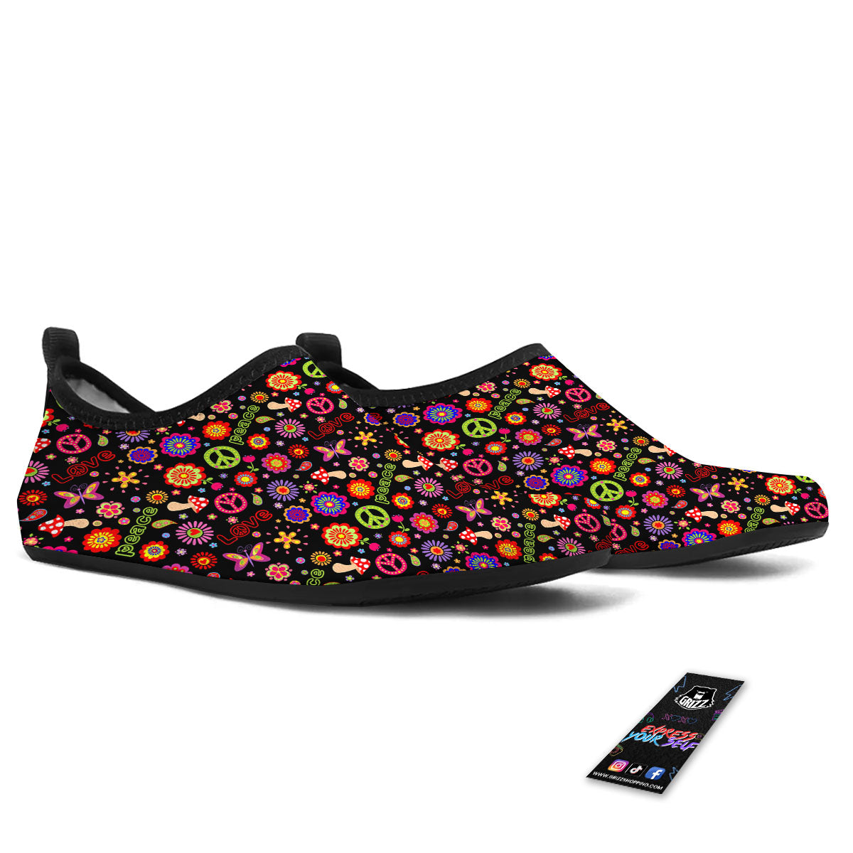 Love And Hippie Peace Sign Print Pattern Water Shoes-grizzshop