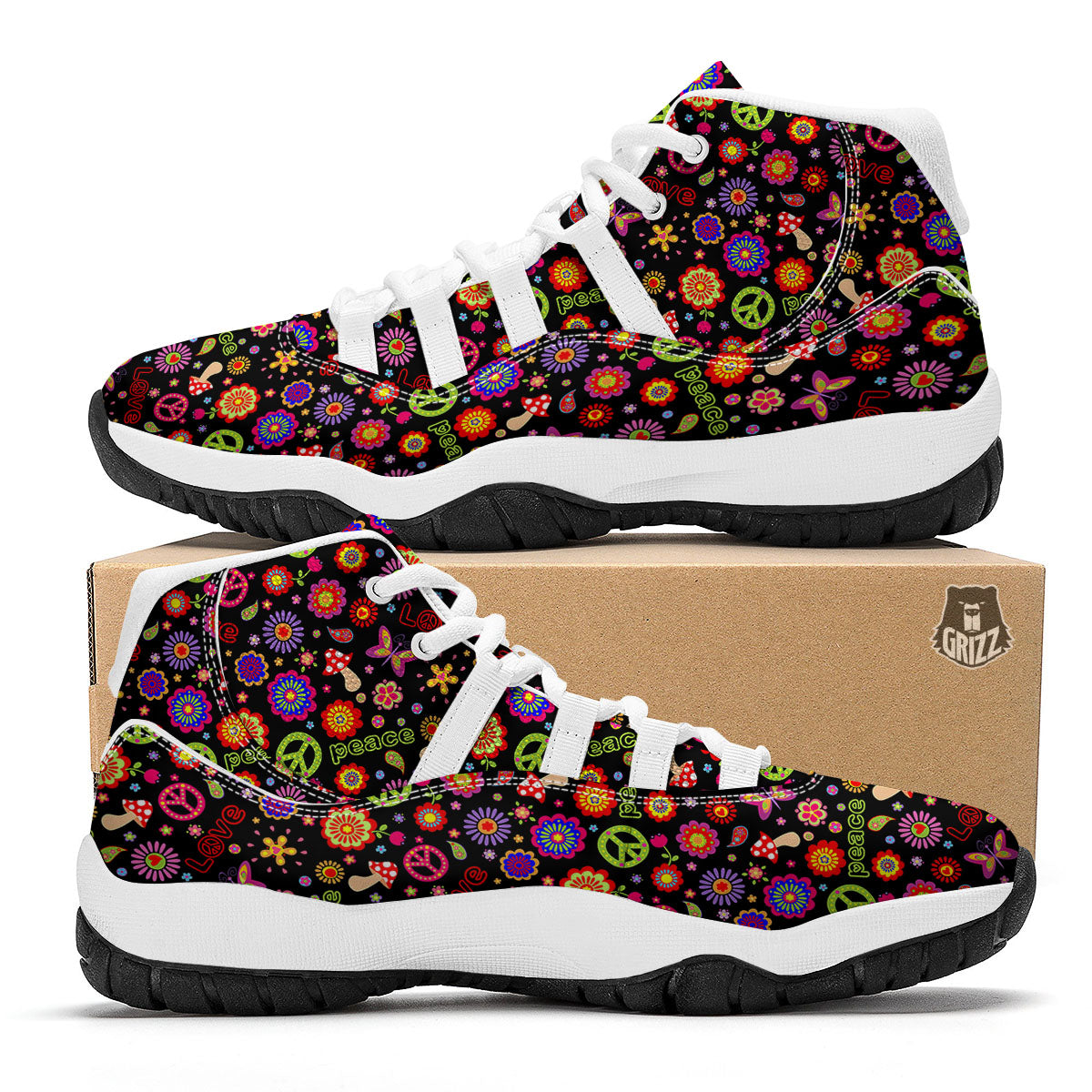 Love And Hippie Peace Sign Print Pattern White Bball Shoes-grizzshop