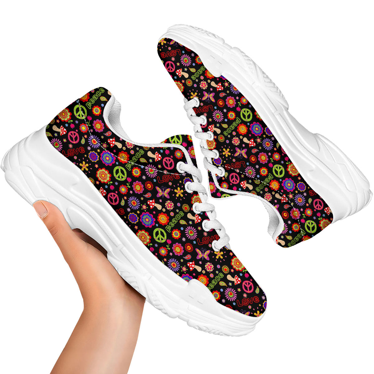 Love And Hippie Peace Sign Print Pattern White Chunky Shoes-grizzshop