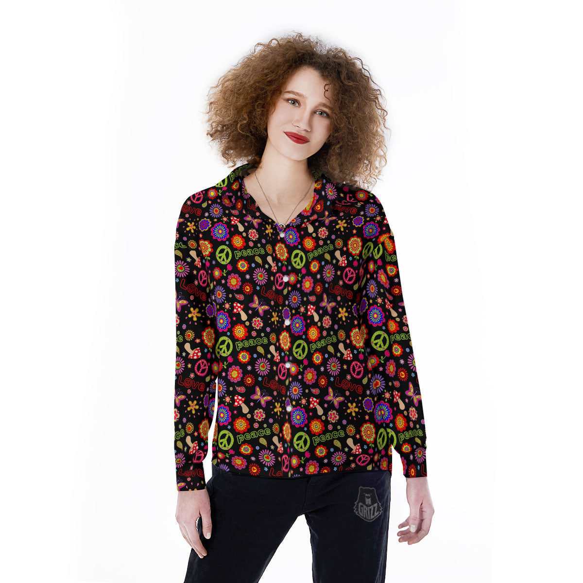 Love And Hippie Peace Sign Print Pattern Women's Long Sleeve Shirts-grizzshop