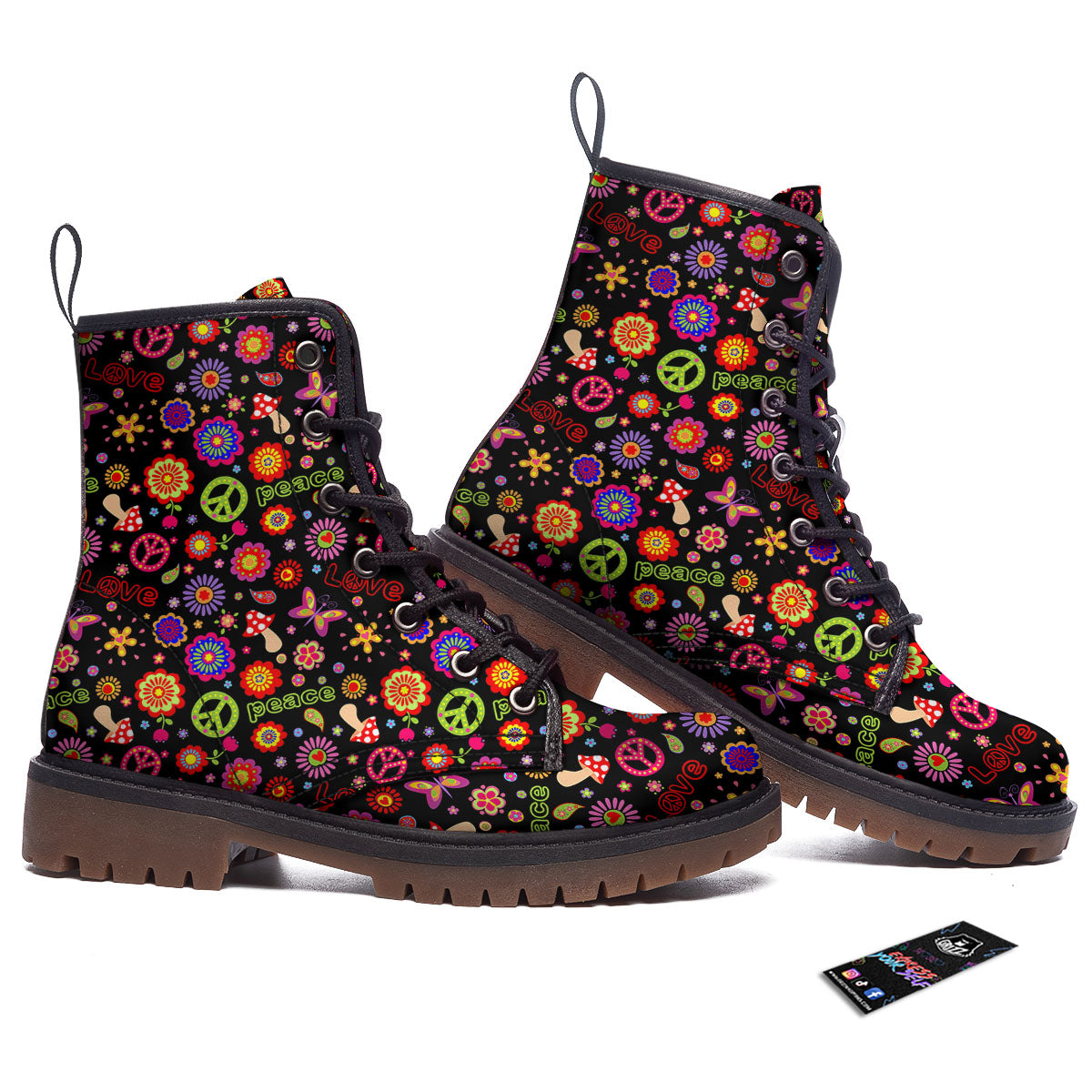 Love And Hippie Peace Sign Print Pattern Work Boots-grizzshop