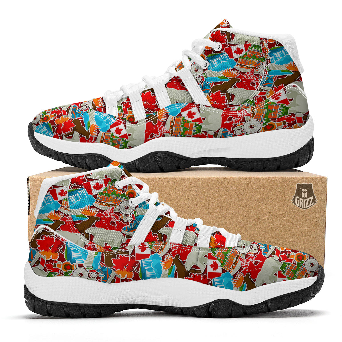 Love Canada Pattern Print White Bball Shoes-grizzshop