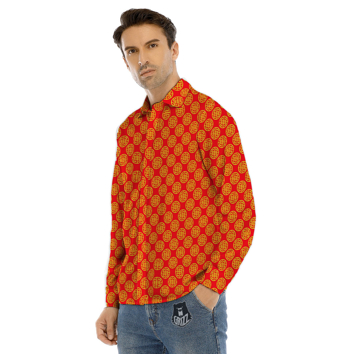 Lu Symbol Chinese Print Pattern Men's Dress Shirts-grizzshop