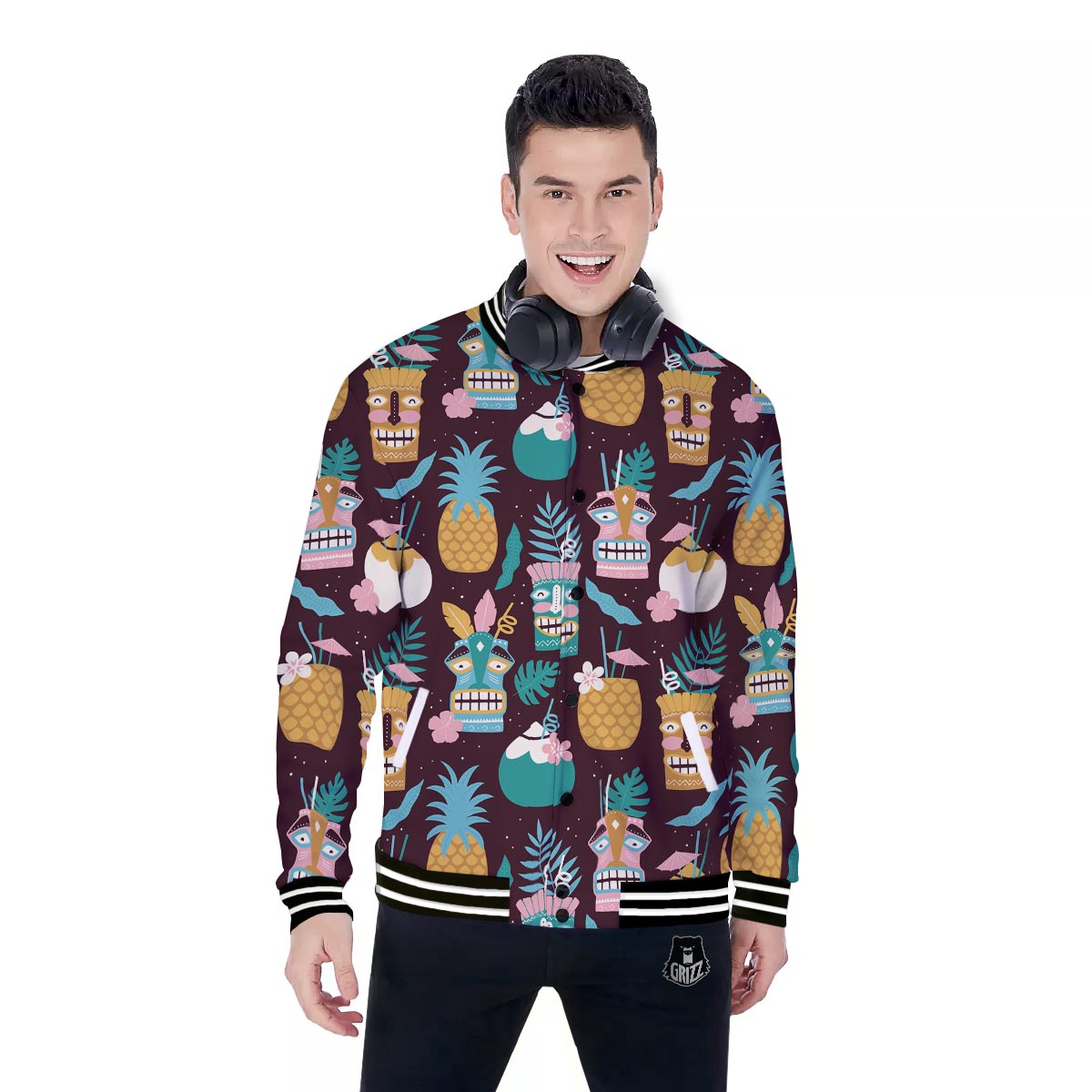 Luau Tiki Print Pattern Baseball Jacket-grizzshop