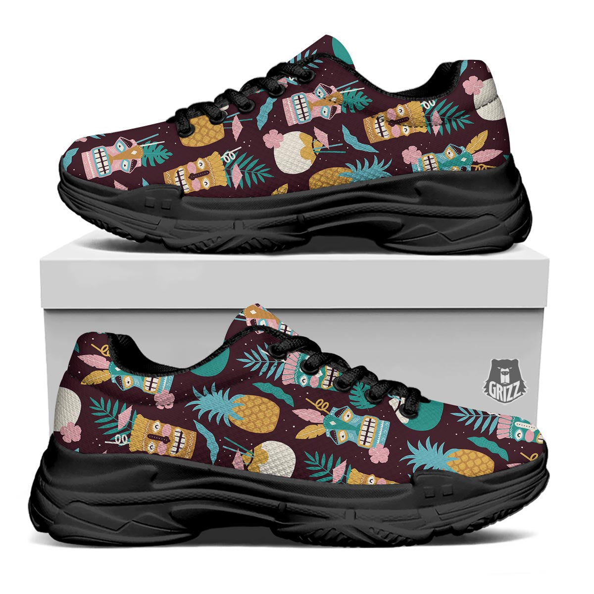 Luau Tiki Print Pattern Black Chunky Shoes-grizzshop