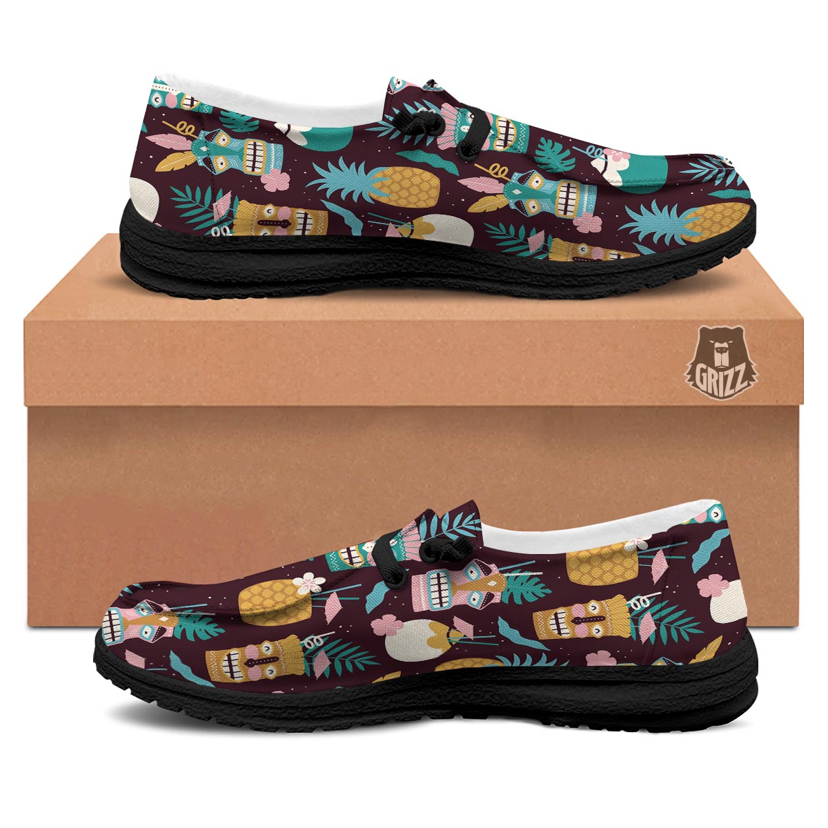Luau Tiki Print Pattern Black Loafers-grizzshop