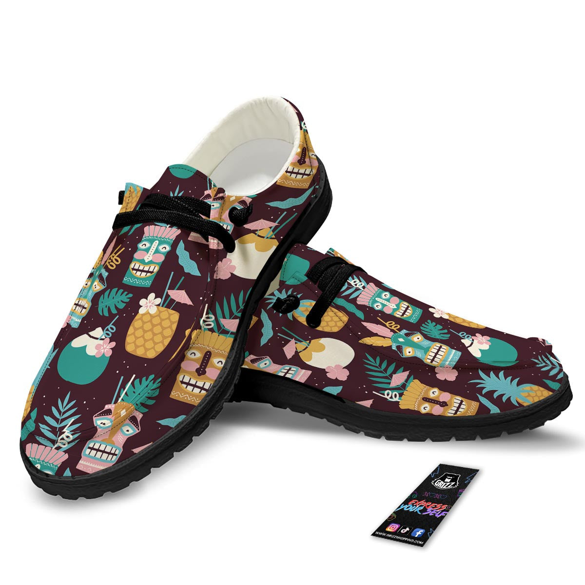 Luau Tiki Print Pattern Black Loafers-grizzshop