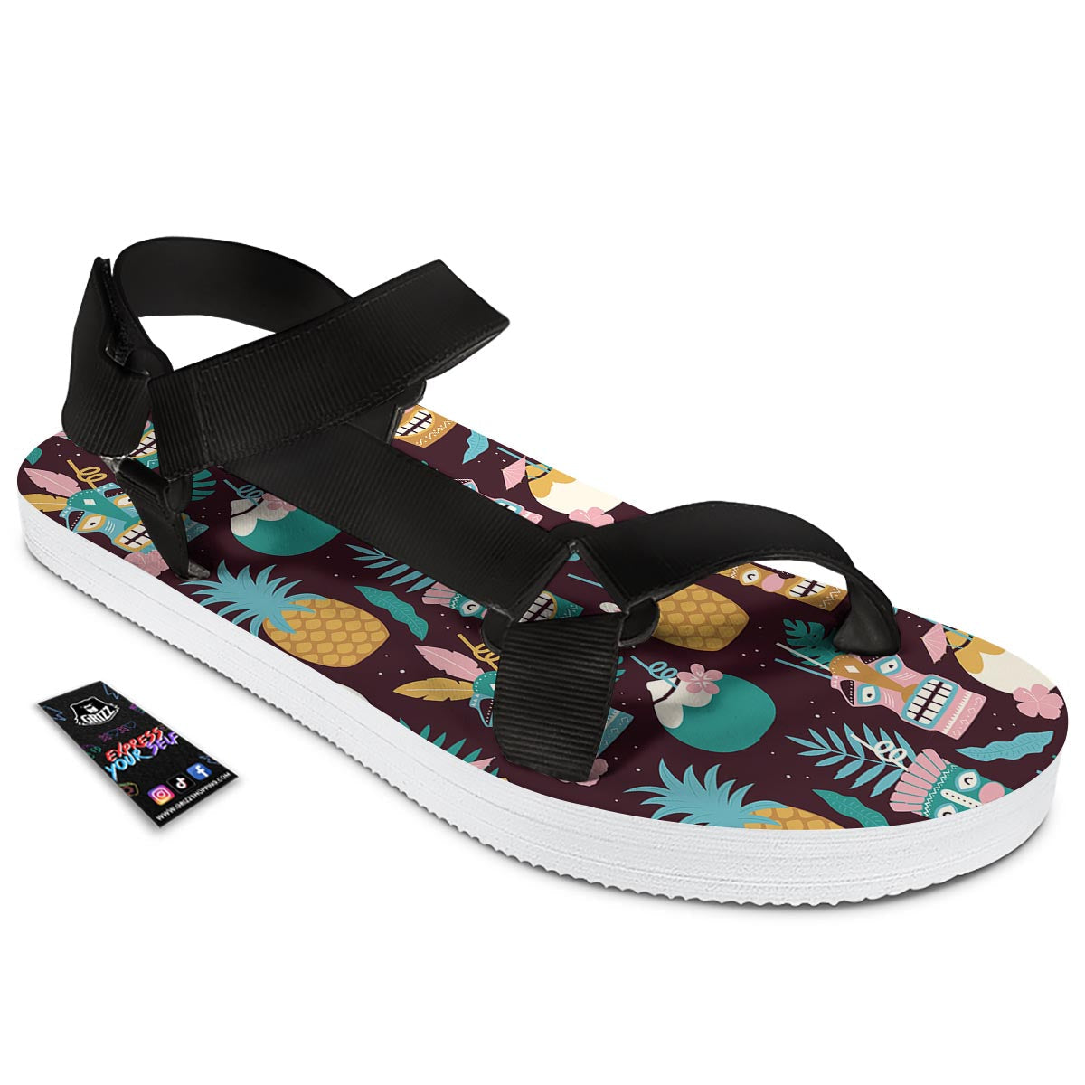 Luau Tiki Print Pattern Black Open Toe Sandals-grizzshop