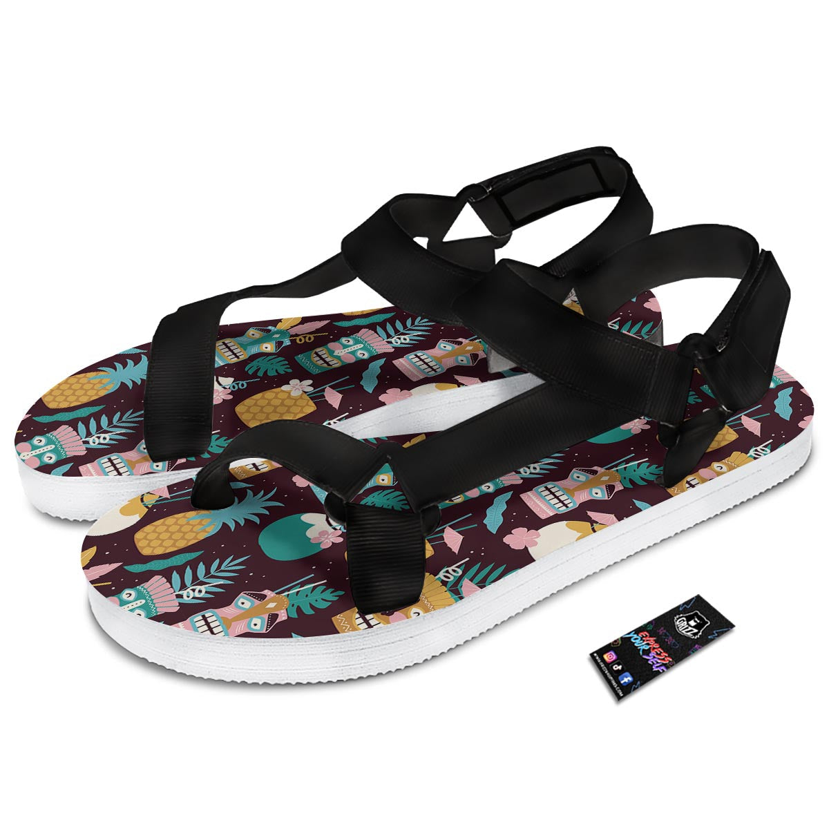 Luau Tiki Print Pattern Black Open Toe Sandals-grizzshop