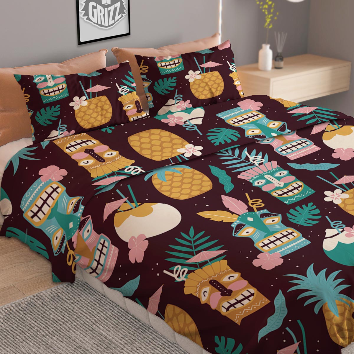 Luau Tiki Print Pattern Duvet Cover Bedding Set