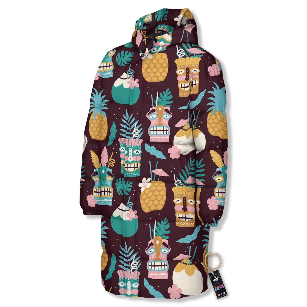 Luau Tiki Print Pattern Long Down Jacket-grizzshop