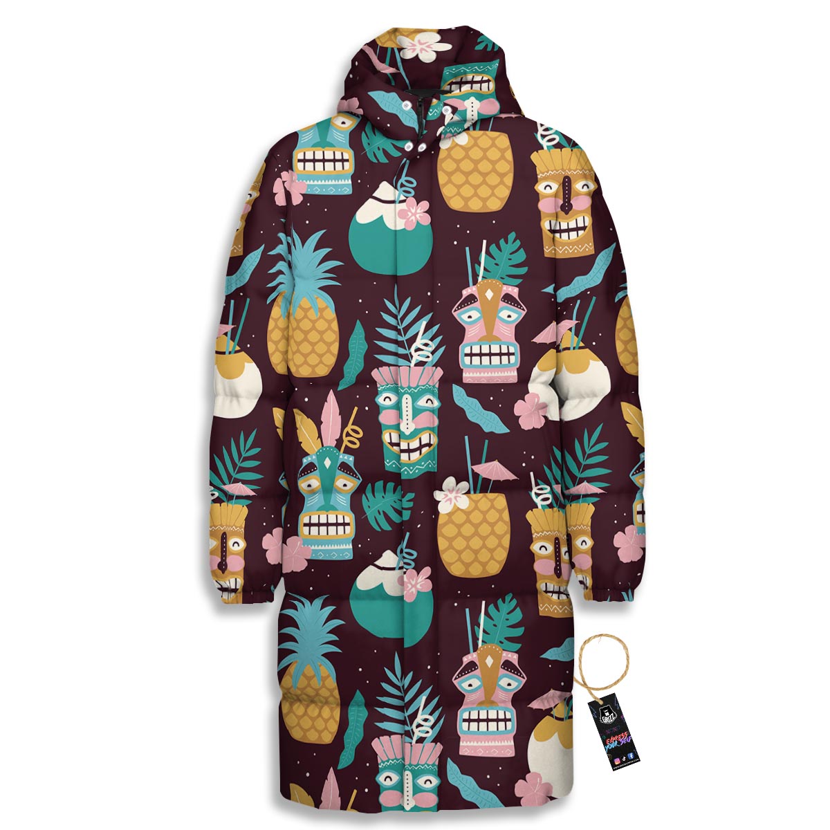 Luau Tiki Print Pattern Long Down Jacket-grizzshop