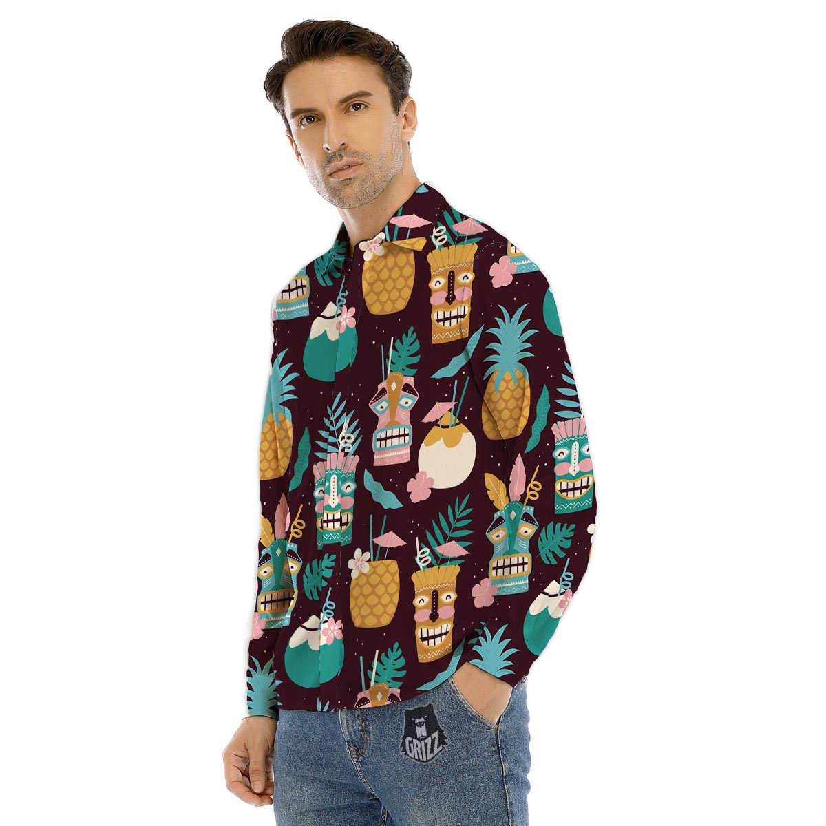 Luau Tiki Print Pattern Men's Dress Shirts-grizzshop