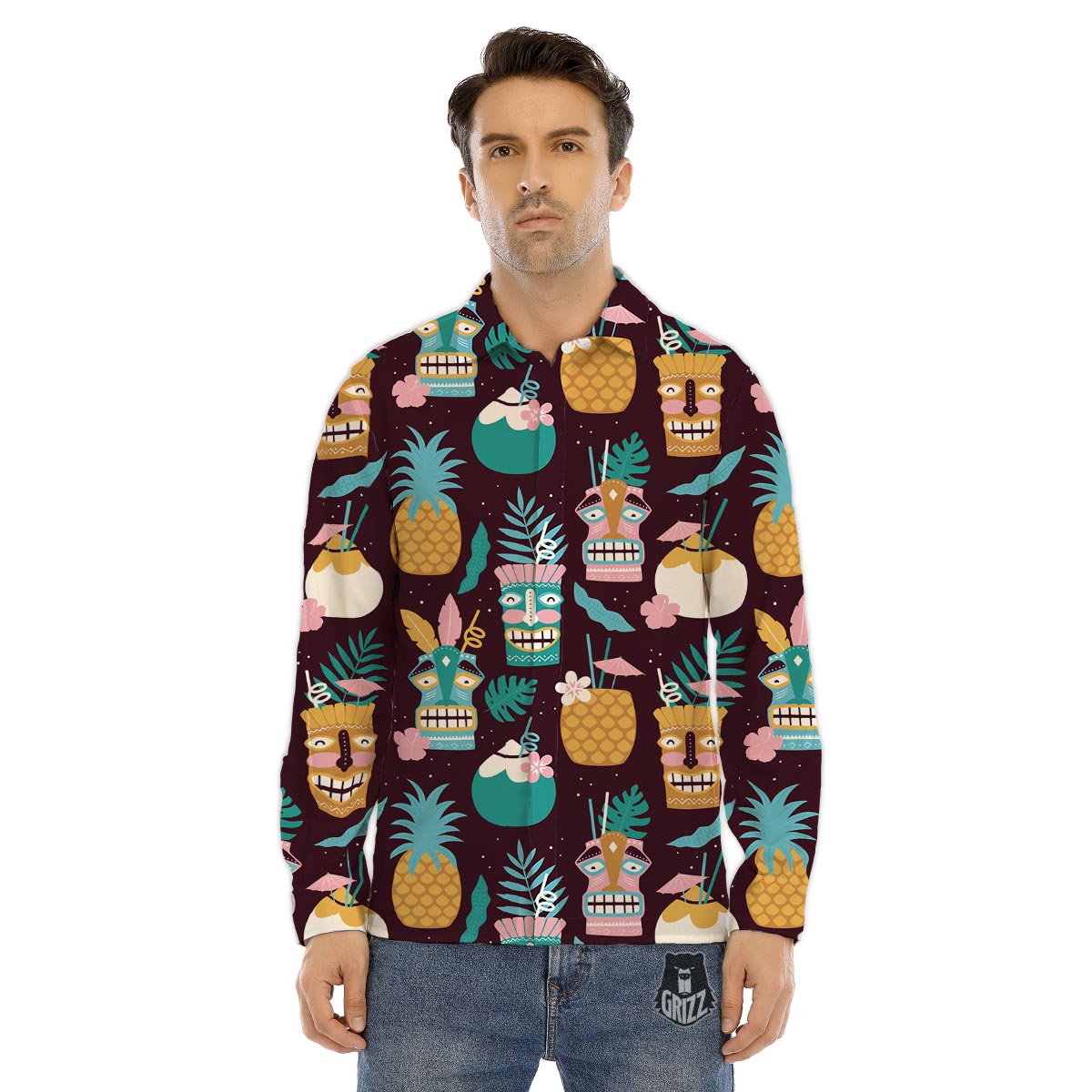 Luau Tiki Print Pattern Men's Dress Shirts-grizzshop