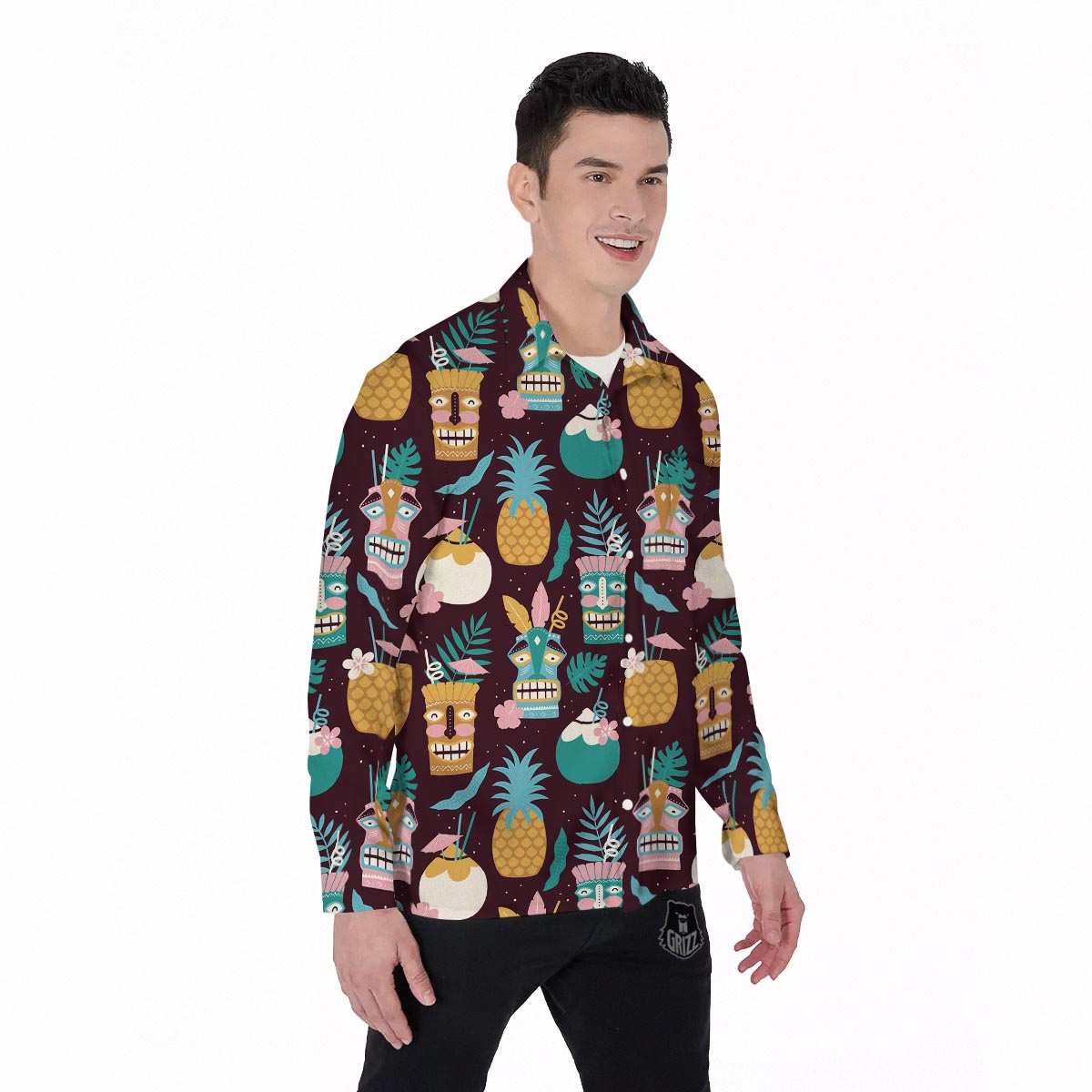 Luau Tiki Print Pattern Men's Long Sleeve Shirts-grizzshop