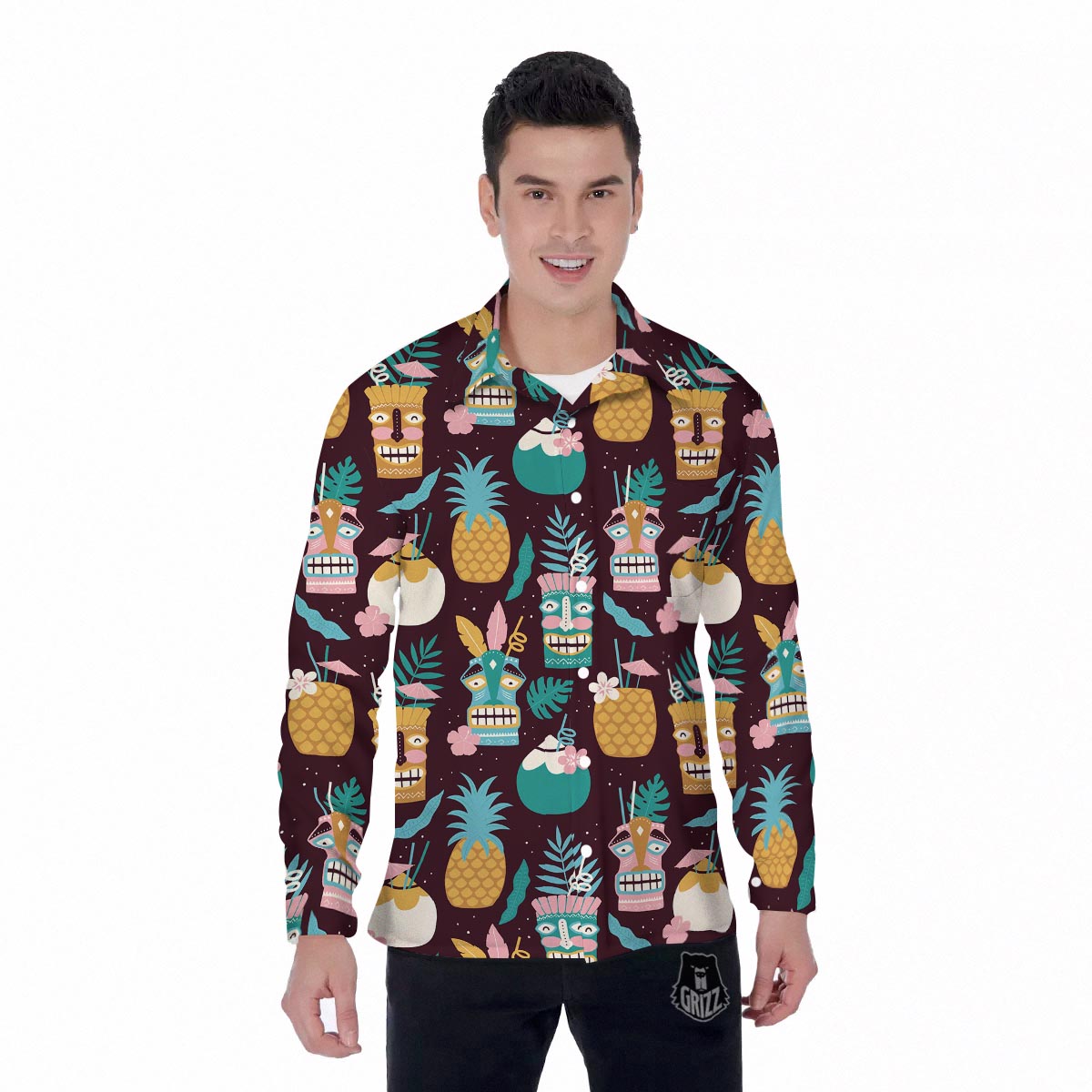 Luau Tiki Print Pattern Men's Long Sleeve Shirts-grizzshop