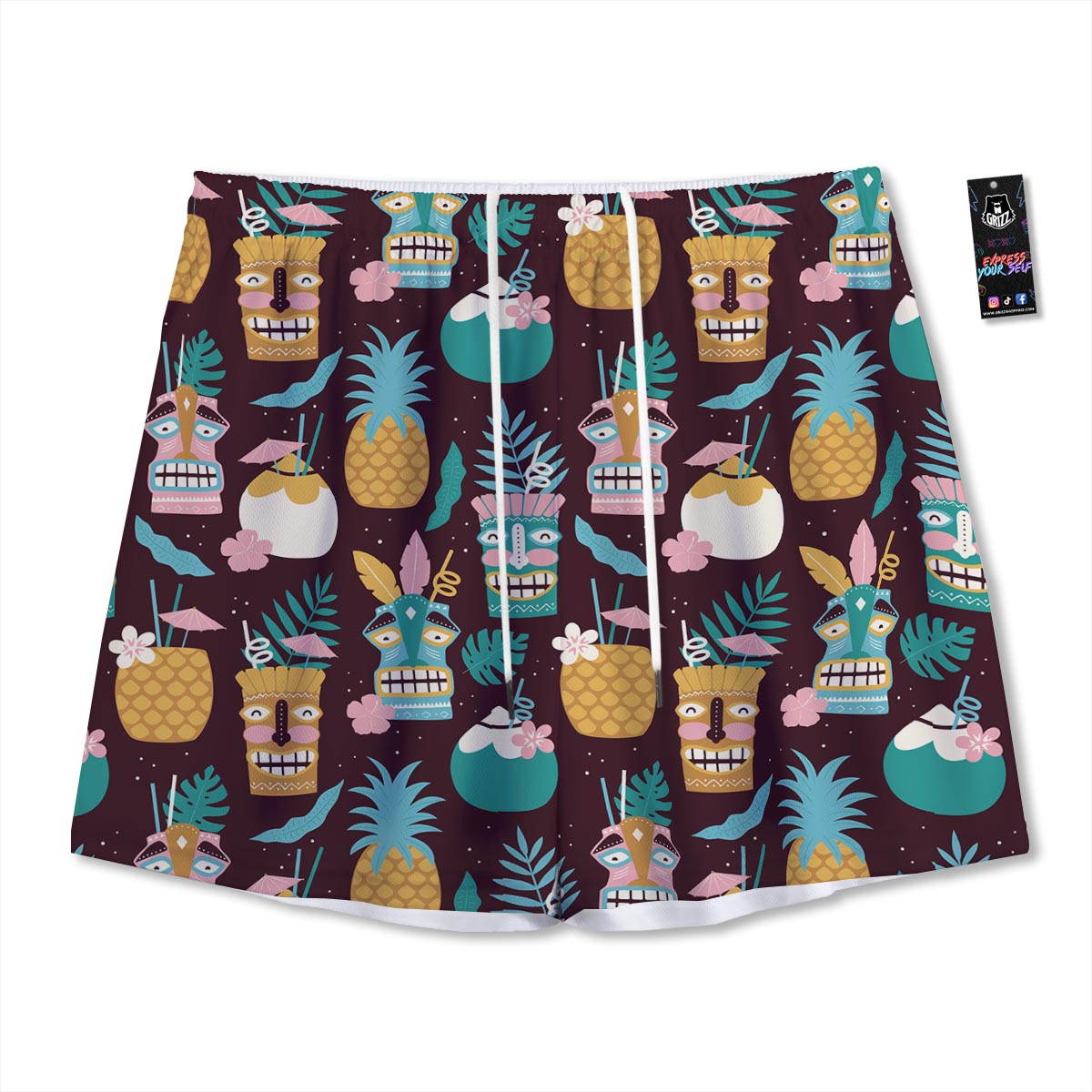 Luau Tiki Print Pattern Mesh Shorts