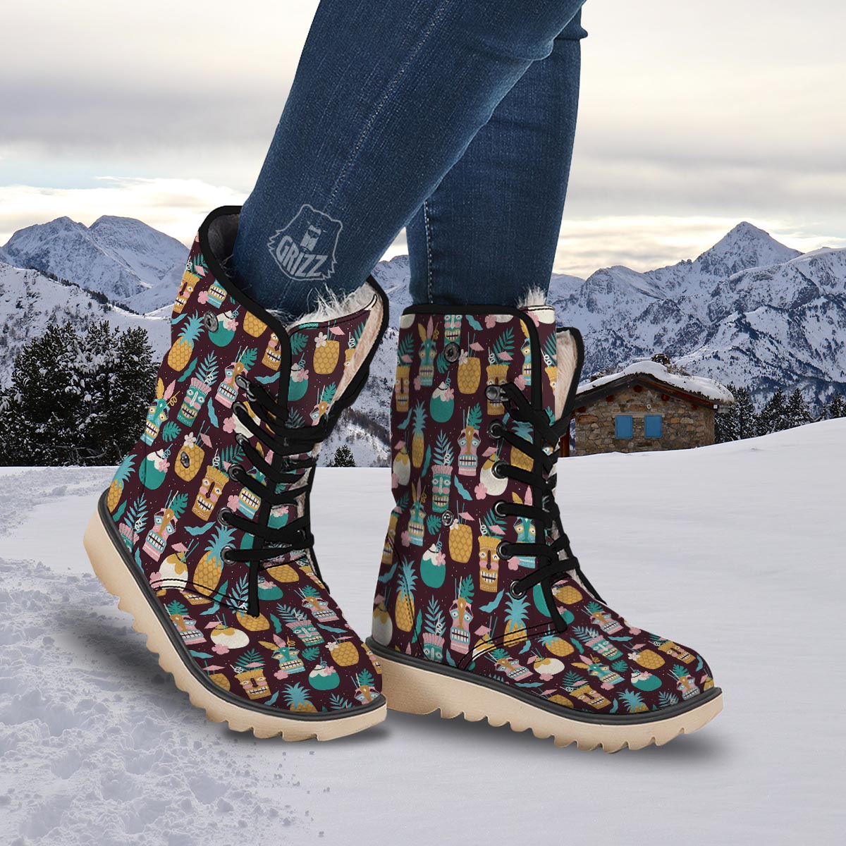 Luau Tiki Print Pattern Snow Boots-grizzshop