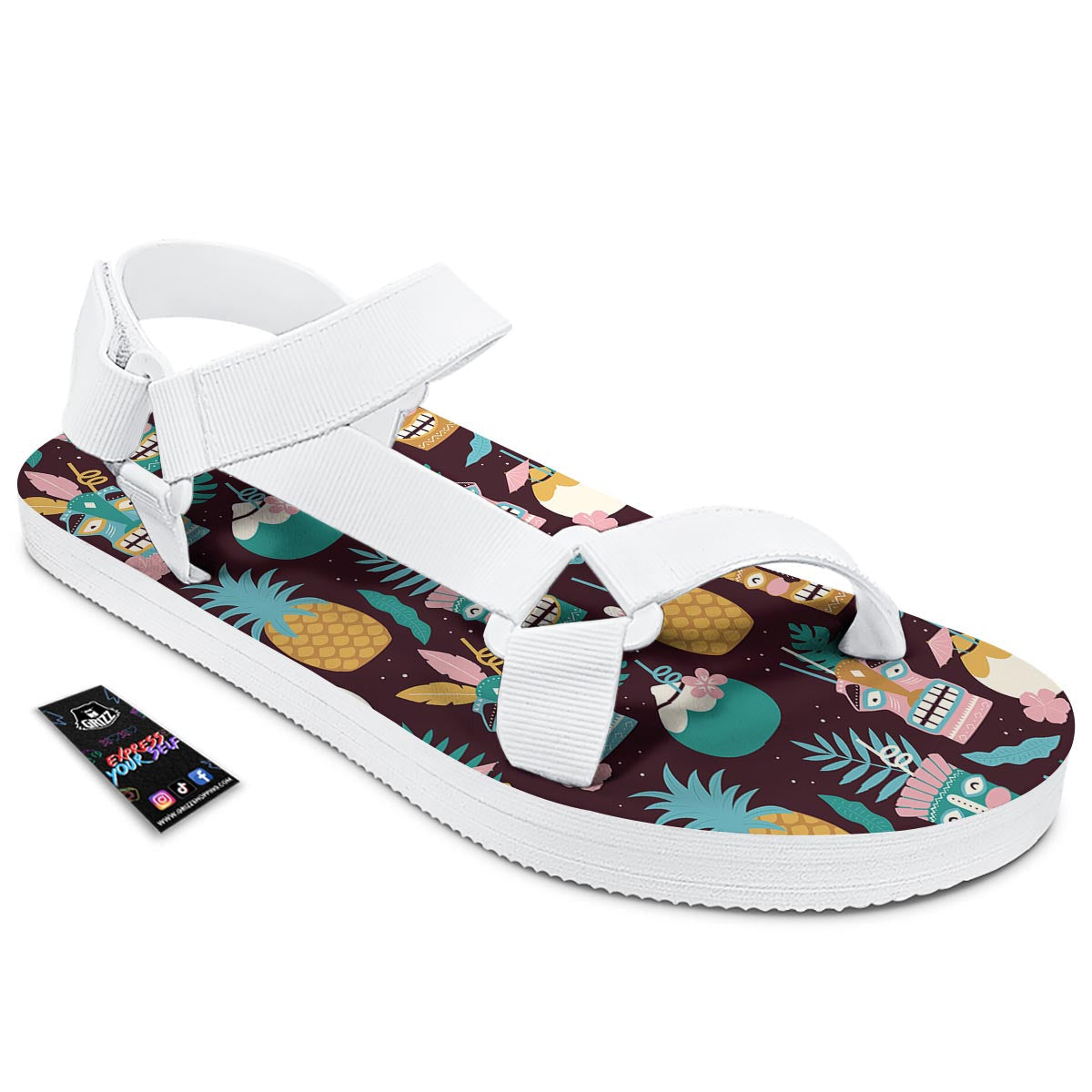 Luau Tiki Print Pattern White Open Toe Sandals-grizzshop