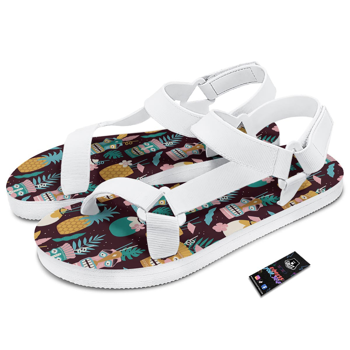 Luau Tiki Print Pattern White Open Toe Sandals-grizzshop