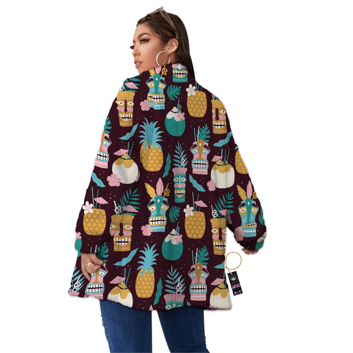 Luau Tiki Print Pattern Women's Sherpa Jacket-grizzshop