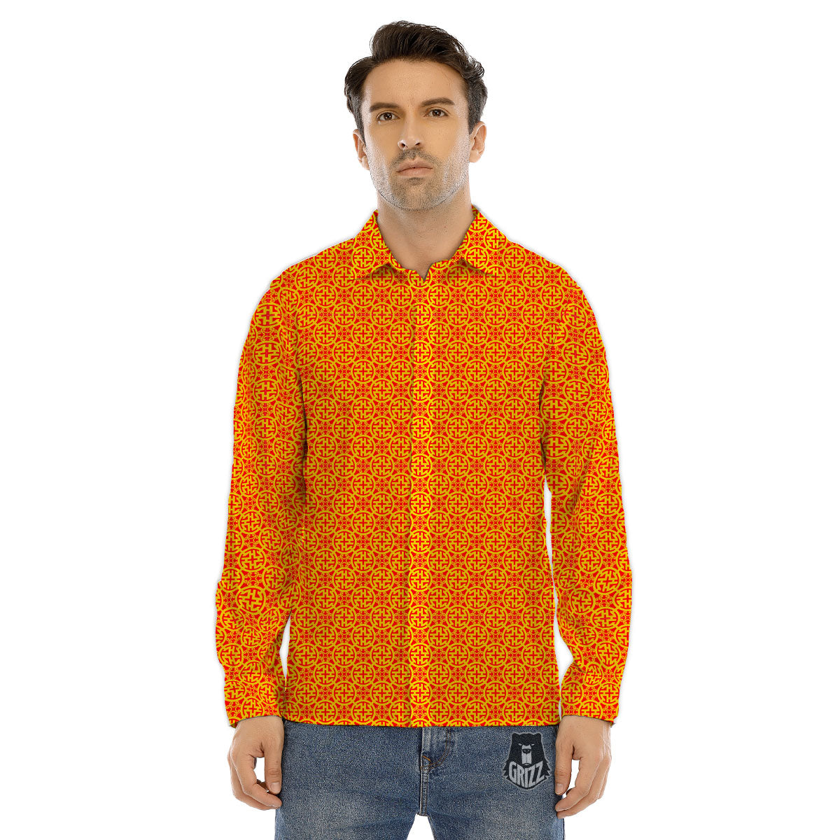 Luck Symbol Chinese Print Pattern Men's Dress Shirts-grizzshop
