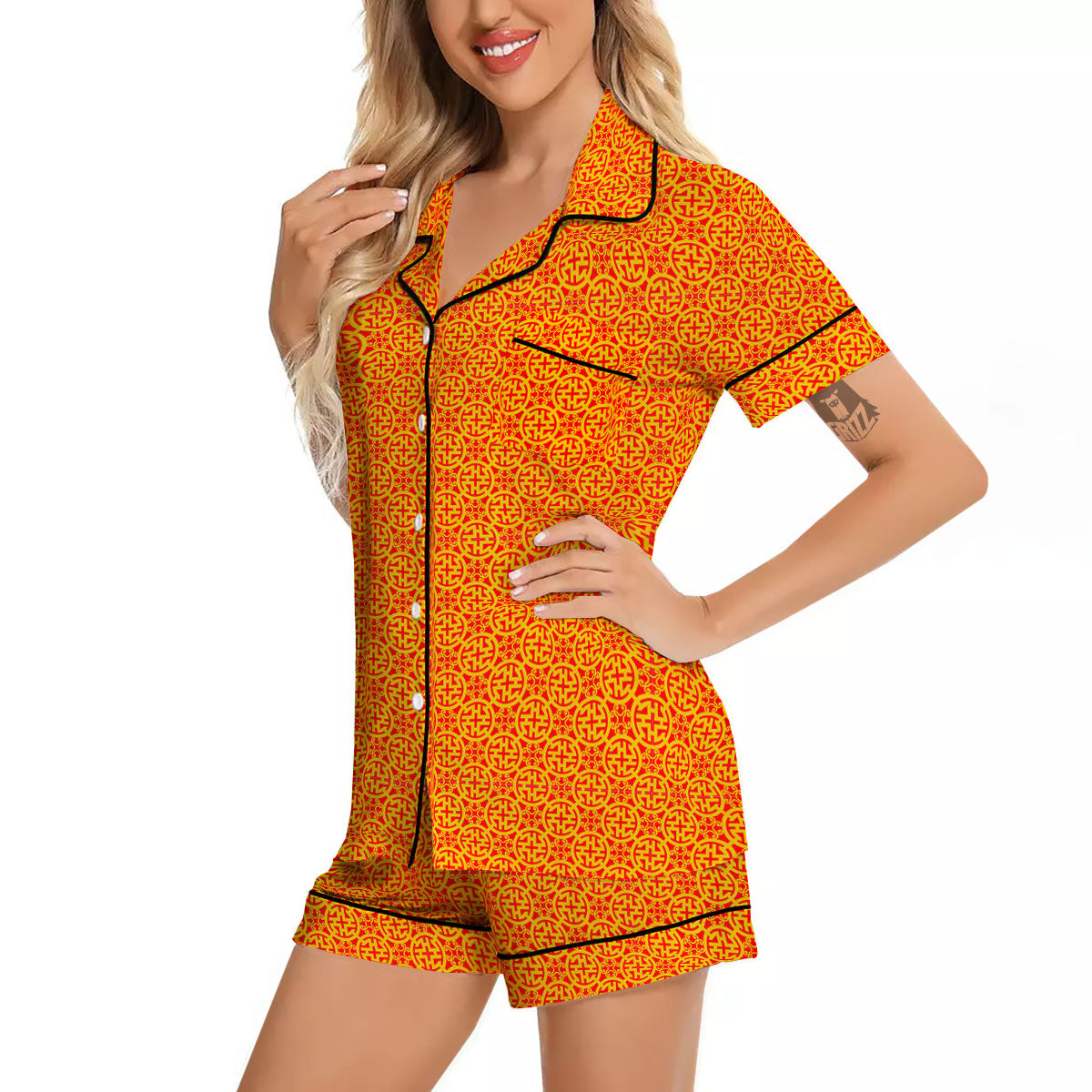 Luck Symbol Chinese Print Pattern Women Silk Pajamas-grizzshop