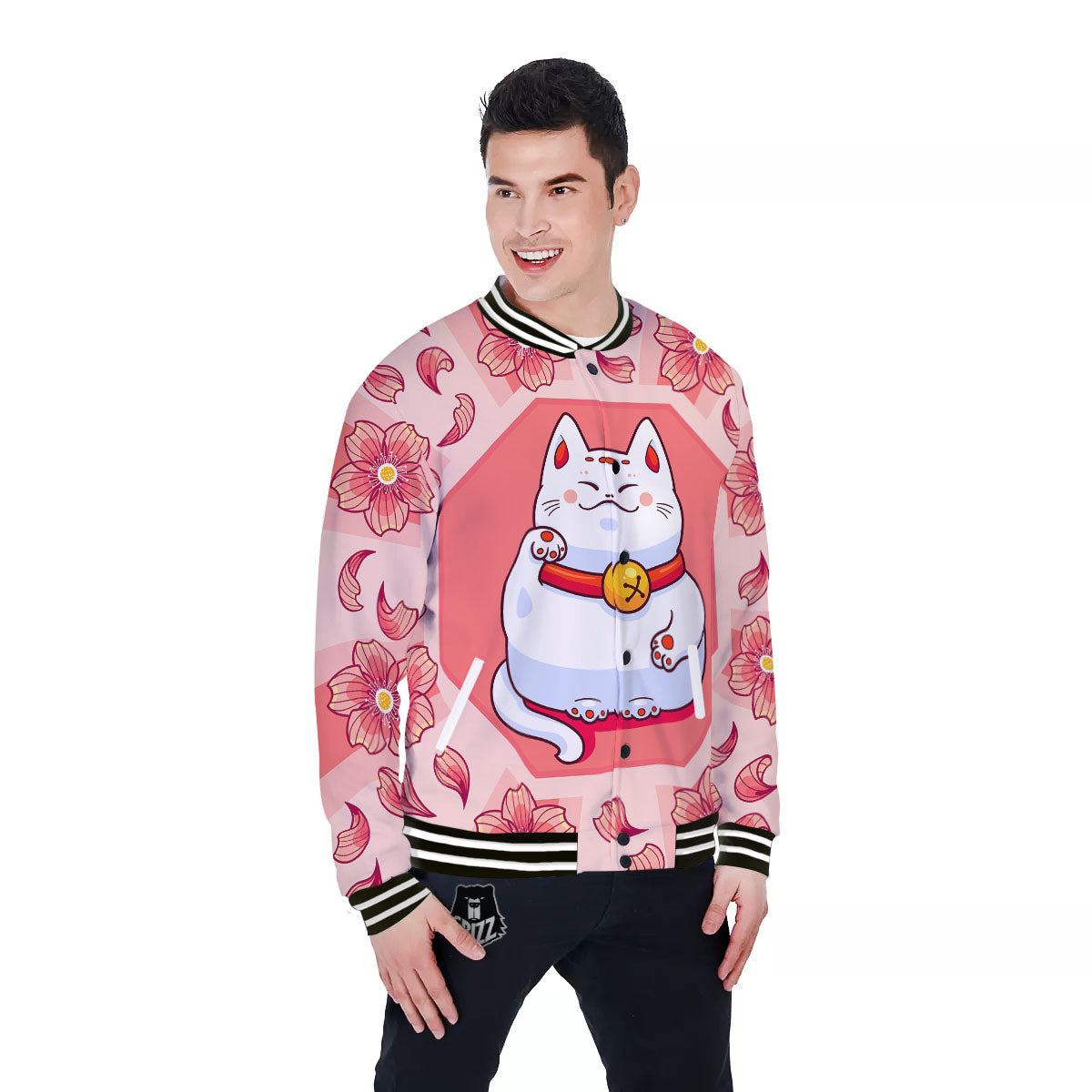 Lucky Cat And Sakura Japanese Print Baseball Jacket-grizzshop